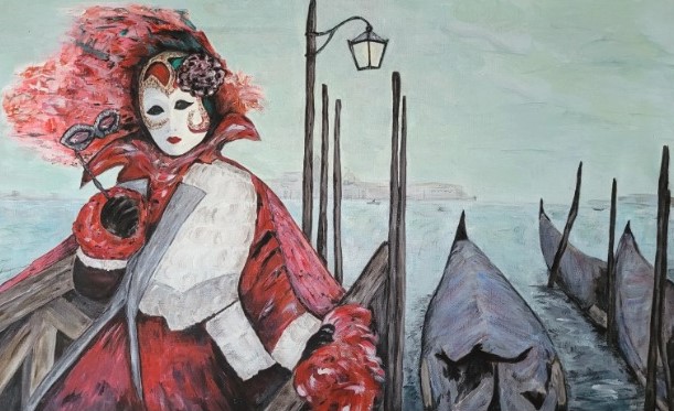 Werk auf einer Leinwand - Venezialische Maske mit Gondel am Ufer